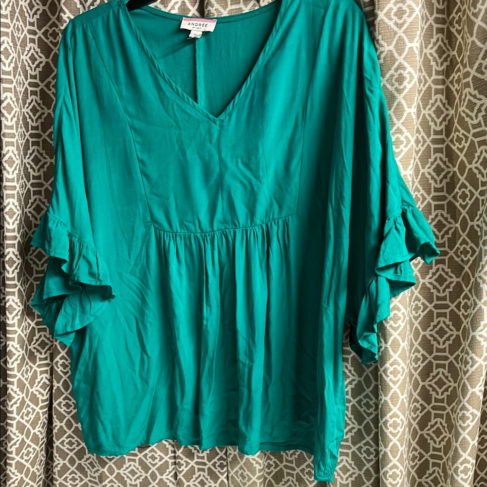 Andree Teal Ruffle Sleeve Blouse